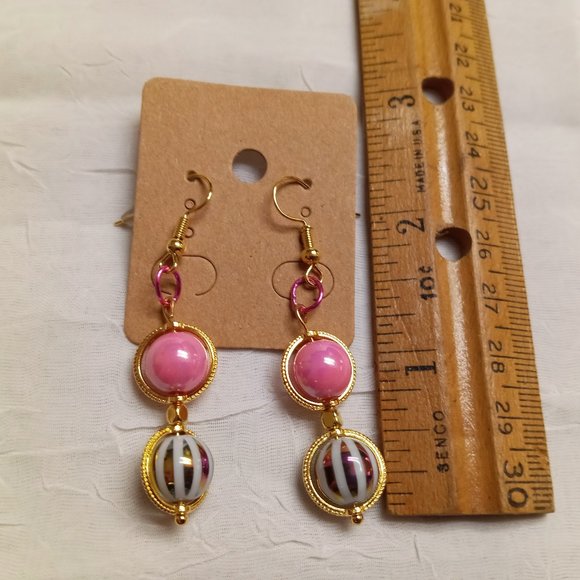 Steel Handmade Hand Crafted Pink & Rainbow Beaded Dangle Earrings Jewelry #52 - Picture 2 of 8